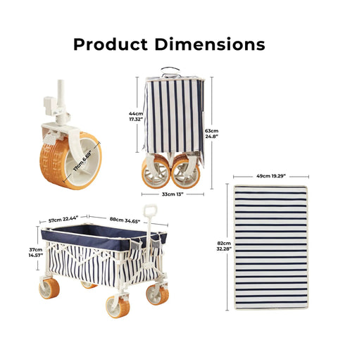 Foldable Beach Wagon With Six Point Seven Inch Fat Tires For Sand And Mixed Terrain No Sweat Easy Pull Cart For Beach And Camping Large Capacity Haul Trunk Ready For Spontaneous Getaways Heritage Navy Stripe dimensions