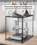 Dead Silent 3D Printer Enclosure With Tight Seal Air Filter on a wooden table, showcasing clear acrylic and aluminum profiles.