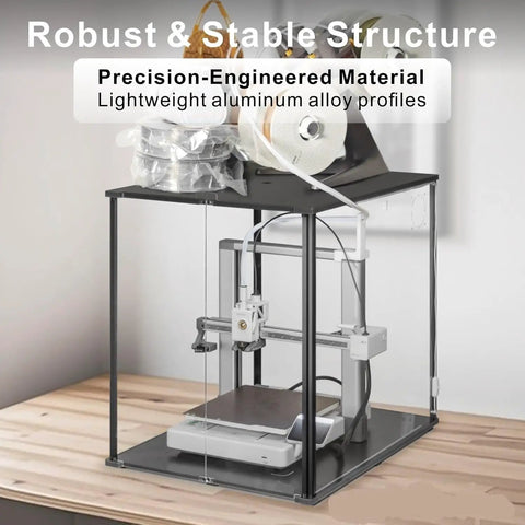 Dead Silent 3D Printer Enclosure With Tight Seal Air Filter on a wooden table, showcasing clear acrylic and aluminum profiles.