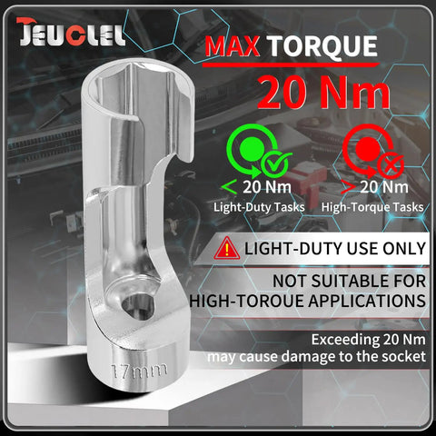 17mm Diesel Injector Fuel Line Socket Flare Nut Wrench with torque warning, designed for light-duty tasks, shiny steel finish.