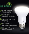 BR20 LED Light Bulbs 20 Pack Power Saver 6W 50W Replacement, 5000K Daylight, 540 Lumens, 90 CRI, Dimmable, UL Listed shown glowing