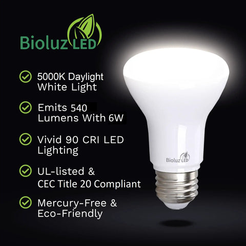 BR20 LED Light Bulbs 20 Pack Power Saver 6W 50W Replacement, 5000K Daylight, 540 Lumens, 90 CRI, Dimmable, UL Listed shown glowing