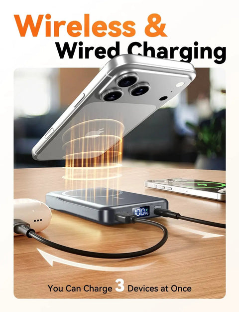 Heavy Duty Compact Magnetic Portable Charger And Serious 10000mAh Fast MagSafe Battery Pack charging a phone and earbuds on a wooden table.