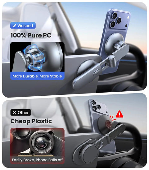 Comparison of Tesla Phone Mount With Ultra Strong Magnet Power Foldable Hidden Car Holder vs cheap plastic alternative showing durability.
