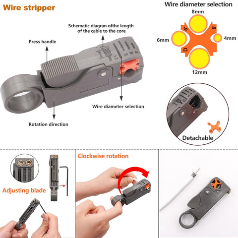 Coaxial Cable Tool Kit With Heavy Duty BNC Crimp Tool And 8 BNC And UHF Male Connectors Coaxial Cable Stripper And Wire Cutter For RG58 RG59 RG62 RG174 showing wire stripper with rotation and diameter settings