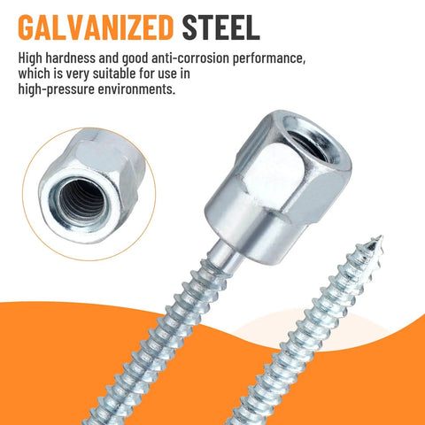 Two galvanized steel vertical rod anchor screws with one-quarter inch threaded rod, detailed view showing the silver finish and thread.