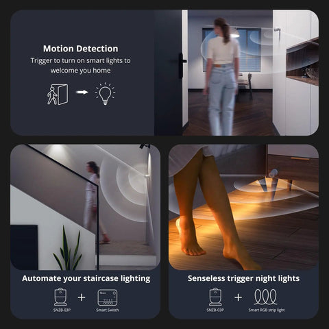 Zigbee Motion Sensor For Home Alert System And Automations 3 Year Battery Life Wireless Motion Detector Works With Zigbee Bridge Easy Setup And Auto Lights On When You Walk By Off When You Leave Batteries Included. Motion sensor shown with hallway, staircase, and night light use