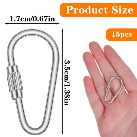 15 Pack Small Locking Carabiners With Twist Lock For Keychains And Leashes Stainless Steel D Ring Clips mini size in hand