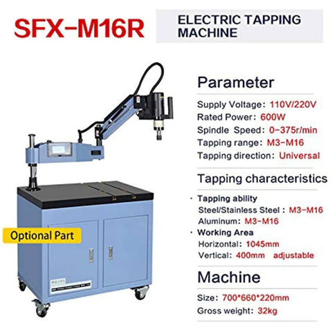 Pro Grade Electric Tapping Machine With Auto Oil Sprayer And Eight Piece Tap Collet Set, 1100mm adjustable length, 600W power.