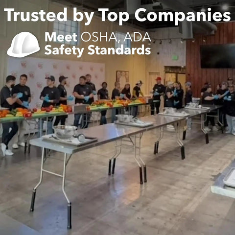Folding Table Leg Extenders for Straight Leg Tables 1.25 Inch Fit No Tools Setup in a catering setup with chefs in background.