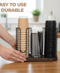 Three Compartment Coffee Cup And Lid Holder With Wooden Base, Go To Countertop Coffee Station Organizer in a kitchen setting.