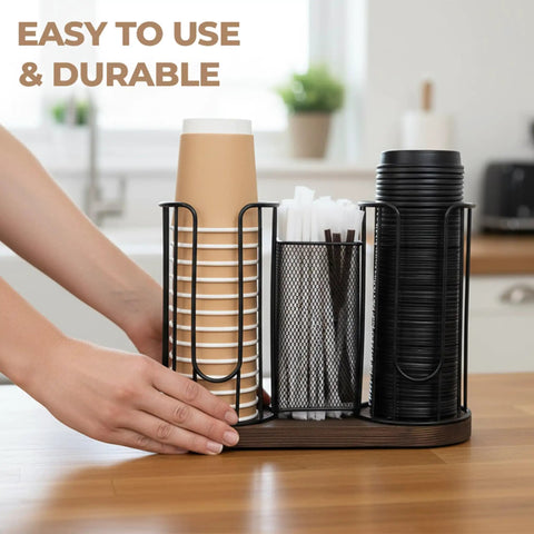 Three Compartment Coffee Cup And Lid Holder With Wooden Base, Go To Countertop Coffee Station Organizer in a kitchen setting.