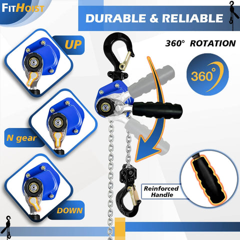 Compact Half Ton Mini Lever Chain Hoist With 10 Ft Lift And 1100 Lb Capacity, showing 360-degree rotation and handle grip.
