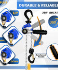 Two Pack Half Ton Chain Hoists 1100 Lb Capacity Each With 10 Ft Lift showing N gear, UP, and DOWN positions, ergonomic handle.
