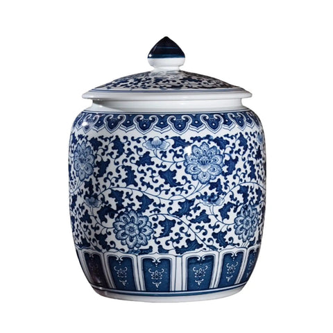 Heavy Duty Ceramic Grain Jar With Tight Seal Lid, large blue and white floral-patterned kitchen storage for dry goods.