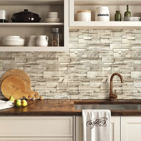 Stone Brick Wallpaper Peel And Stick Vinyl For Walls 17.7 In By 118.1 In Removable Backsplash in kitchen setting