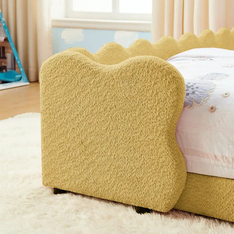 3D Dino Headboard Kids Bed With Safety Guardrails, Double Size, Solid Wood Frame, Raised Padded Rails, Terry Cloth Upholstery