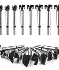 15 Piece Forstner Bit Set For Precision Wood Drilling With Round Shank And Razor Sharp Center Point displayed on a white background.