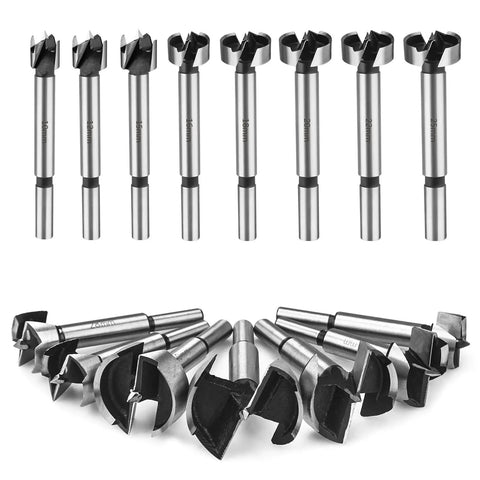 15 Piece Forstner Bit Set For Precision Wood Drilling With Round Shank And Razor Sharp Center Point displayed on a white background.