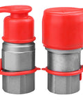 Pair of 3/4 in SAE skid-steer flat-face hydraulic quick-connect couplers with red dust caps.