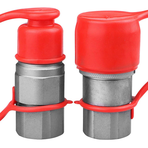 Pair of 3/4 in SAE skid-steer flat-face hydraulic quick-connect couplers with red dust caps.