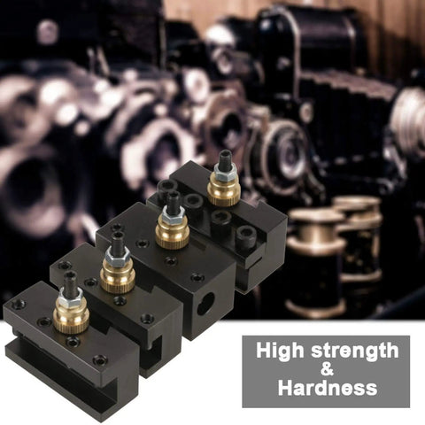 Badass Slick Quick Change Mini Lathe Tool Post Holder With Four Piece Hardcore Aluminum Cutting Blade Set For Boring Turning And Facing On Compact Metal Lathes, showing tool post with gold screws.