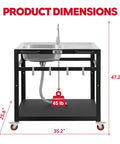 Front view of 35-Inch Outdoor Grill Cart With Stainless Steel Sink, Rolling BBQ Prep Table With Faucet, Ample Prep Space, Storage Shelves And Lockable Wheels For Patio, Backyard And Outdoor Cooking, Silver And Black, showing product dimensions.