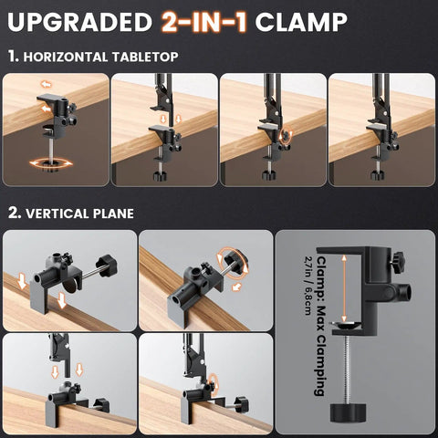 10X Rectangular Lighted Magnifier With Clamp Three Arm Design And Five Color Modes hands-free clamp options shown