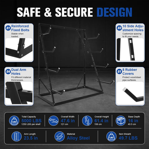 Heavy Duty 4 Tier Lumber Storage Rack With Adjustable Steel Frame And Tough As Nails Build, features dual arm holes.