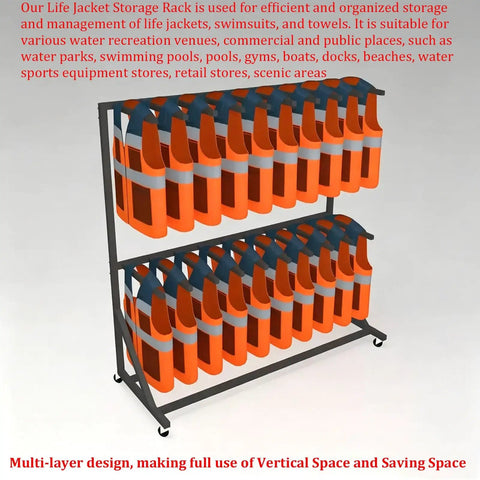 Heavy Duty Wheeled Life Jacket Storage Rack Holds Up To Forty Flotation Vests with orange vests arranged on four tiers.