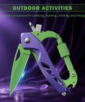 Six In One Multitool Carabiner With Folding Knife And Bottle Opener For Camping And Hiking, EDC Gear in purple and green