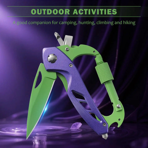 Six In One Multitool Carabiner With Folding Knife And Bottle Opener For Camping And Hiking, EDC Gear in purple and green