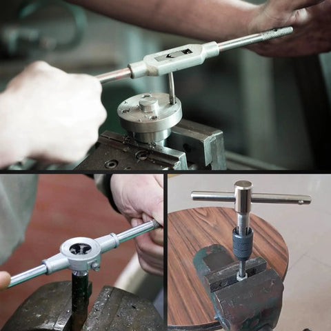 GudeKeen metric tap and die set (M3–M12); collage showing T-handle tap wrench, die stock, and vise clamp