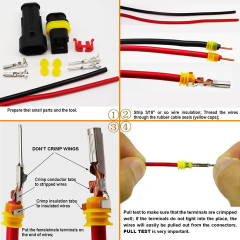 Step-by-step guide using Waterproof 2 Pin Automotive Electrical Connectors Kit With Quick Disconnect Plugs, 25 Sets For 16 22 AWG Wires.