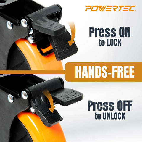POWERTEC 6-inch swivel caster wheels, set of 4 with dual locking brakes; orange wheels and brake levers visible.