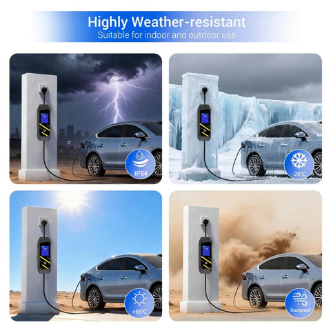 No Brainer Plug And Play Portable EV Charger With GB/T Connector And NEMA 5 15 Household Plug, Adjustable 8 To 16 Amps On 110 Volt Outlets, Features LCD Screen, Flexible Cord And Smart Timer in various weather conditions.