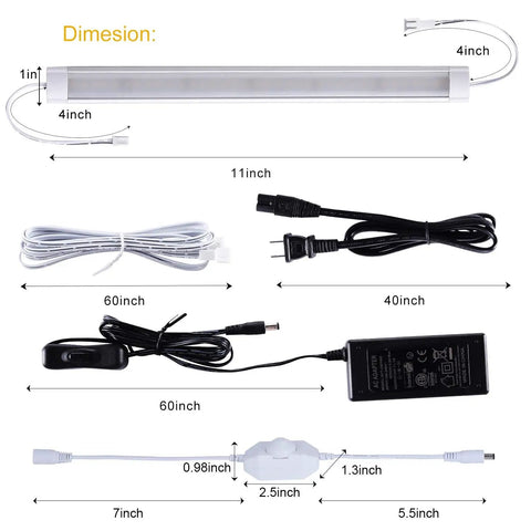 Under Cabinet LED Lighting Kit 6 Pack 11 Inch Plug In Cold White 6000K with power adapter and cables, dimensions shown.