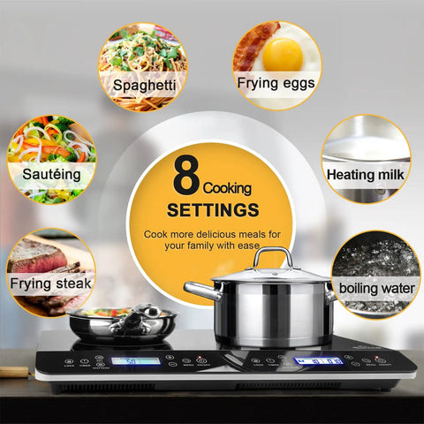 Duxtop Portable Double Induction Cooktop With 1800W Digital Electric Burner Sensor Touch Control And Lcd Display For Countertop Use showing 8 cooking settings and various meal options.