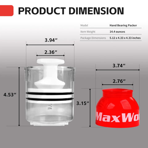 Hand Bearing Packer dimensions with clear self-contained design for repacking bearings up to 3.5 inch with easy grease flush