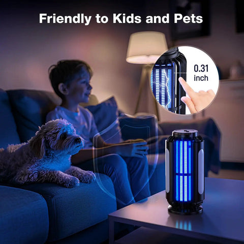 Child and dog near Cordless Bug Zapper For Patio And Camping Solar Powered Mosquito Zapper With LED Light Battery Operated