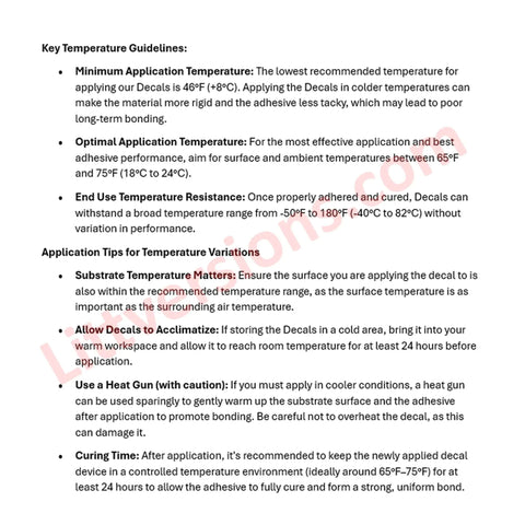 Instruction sheet with temperature guidelines for applying vinyl decals, featuring minimum and optimal temperature recommendations.