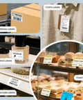 Various labels including address, clothes, retail, food, and barcode labels displayed; demonstrates the use of label printers.