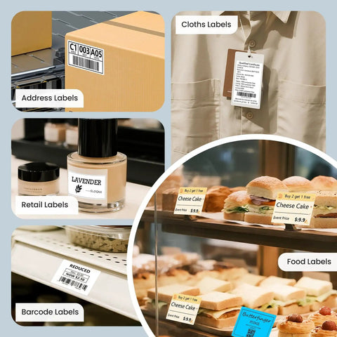 Various labels including address, clothes, retail, food, and barcode labels displayed; demonstrates the use of label printers.