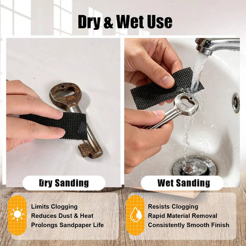 Heavy Duty Emery Cloth Roll for Copper Pipe Sanding with Premium Silicon Carbide And Double Side Open Mesh Design For Ultimate Grip Durability Plus Super Smooth Finish On All Metal Jobs being demonstrated for dry and wet use on a key.