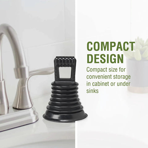 Must Have Mini Bellows Sink Plunger For Kitchens Bathrooms Baths Laundry Tubs And RVs Compact Powerful Clog Clearing Tool With Rubber Cup Easy To Store Portable Great For Quick Drains on a sink ledge next to faucet in kitchen