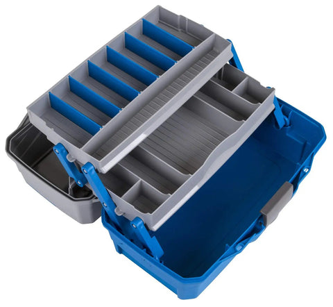 Open view of medium blue gray Two Tray Cantilever Tackle Box With 15 Compartments And Removable Dividers Portable Fishing Lure Storage Organizer