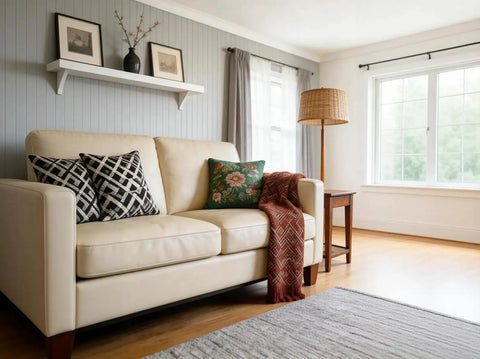 Living room with sofa featuring Beefy 4 Inch Wood Furniture Legs Set Of 4 In Square Brown Finish With Five Sixteenth Inch And M8 Bolts.