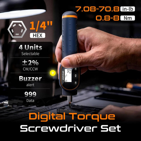 Digital Torque Screwdriver With Adjustable Range From Seven Point Zero Eight To Seventy Point Eight Inch Pounds Or Zero Point Eight To Eight Newton Meters Buzzer And Magnetic Bits Nine Hundred Ninety Nine Data Storage For Gunsmithing And Mounting, 1/4 hex
