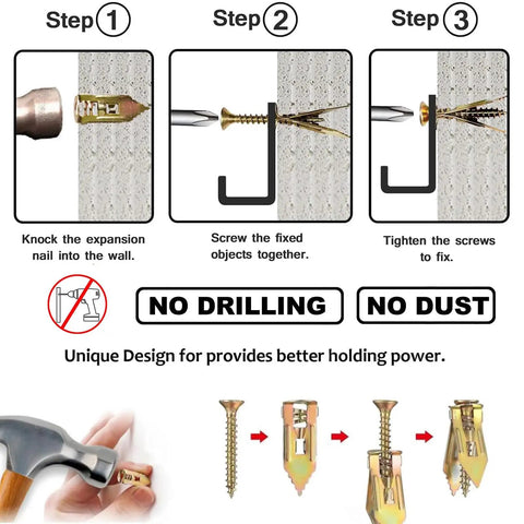 Installation steps of 160 Pcs Self Drilling Drywall Anchors With Screws Kit showing no drilling process.
