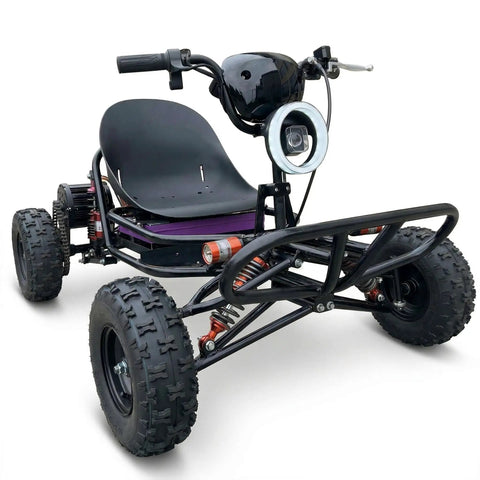 Front view of 72V Electric Go Kart For Adults With QS Mid Motor 3kW Peak 25kW, featuring sturdy frame and LED high beam.